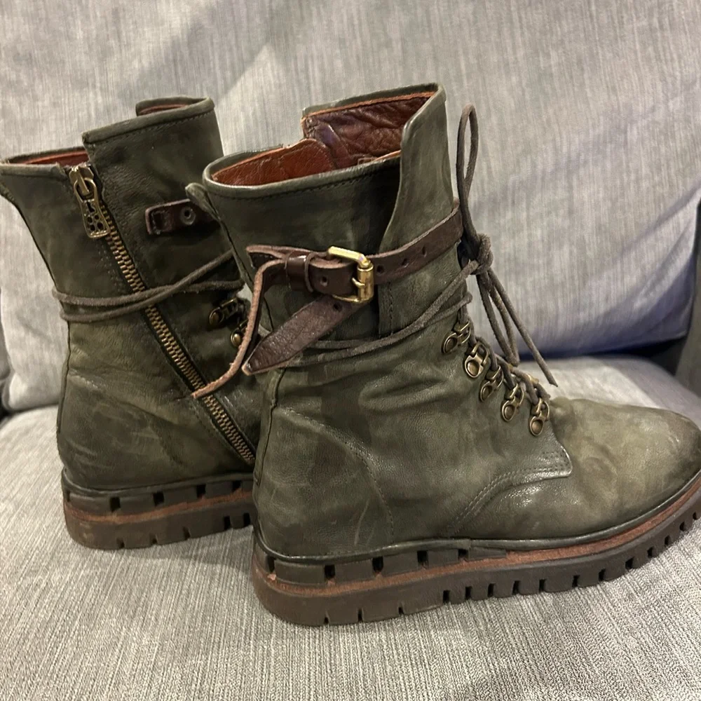 A.S.98 Olive Green Leather Lace-Up Ankle Boots with Brown Strap - Picture 5 of 7